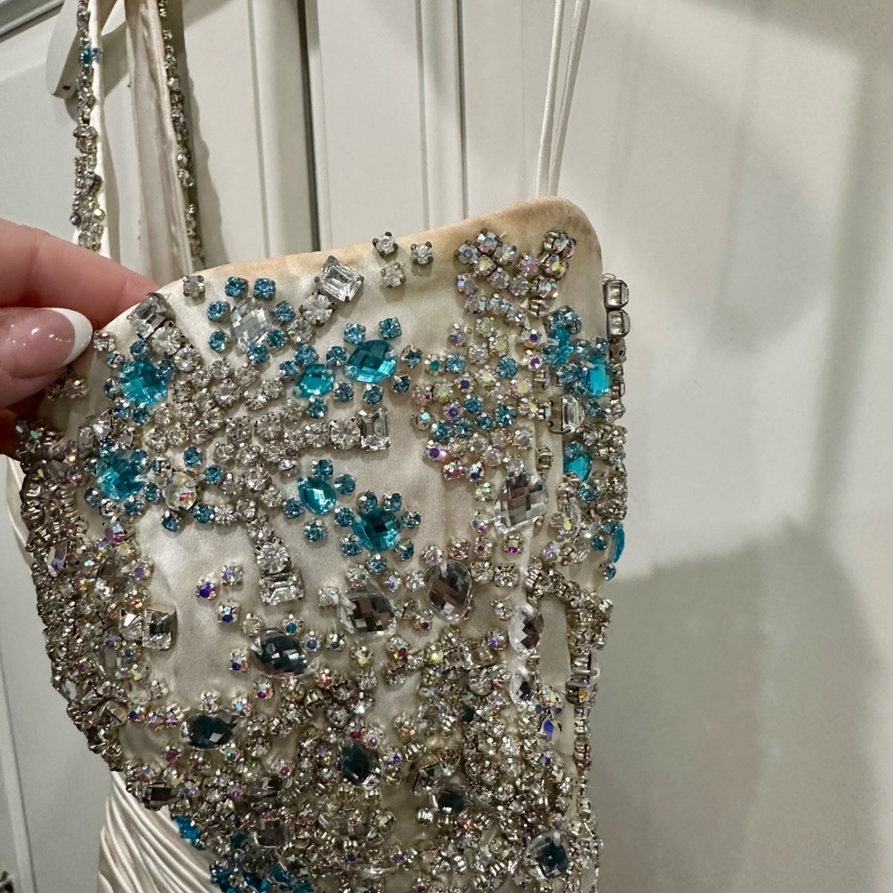 Sherri Hill Elegant White Pageant Gown w/ Large Blue & Clear Rhinestones - Picture 11 of 17